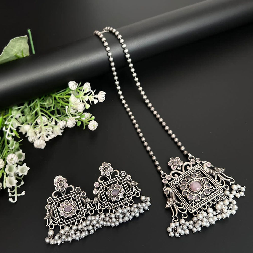 FS Collection Oxidised Plated Pota Stone And Pearl Necklace Set