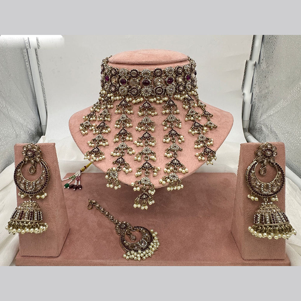 FS Collection Antique Gold Plated Austrian Stone and Pearl Choker Necklace Set