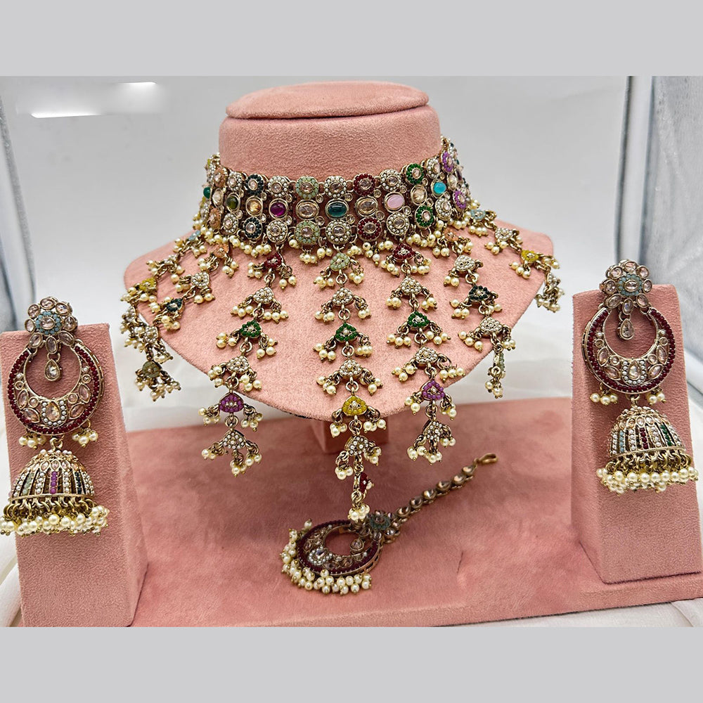 FS Collection Antique Gold Plated Austrian Stone and Pearl Choker Necklace Set
