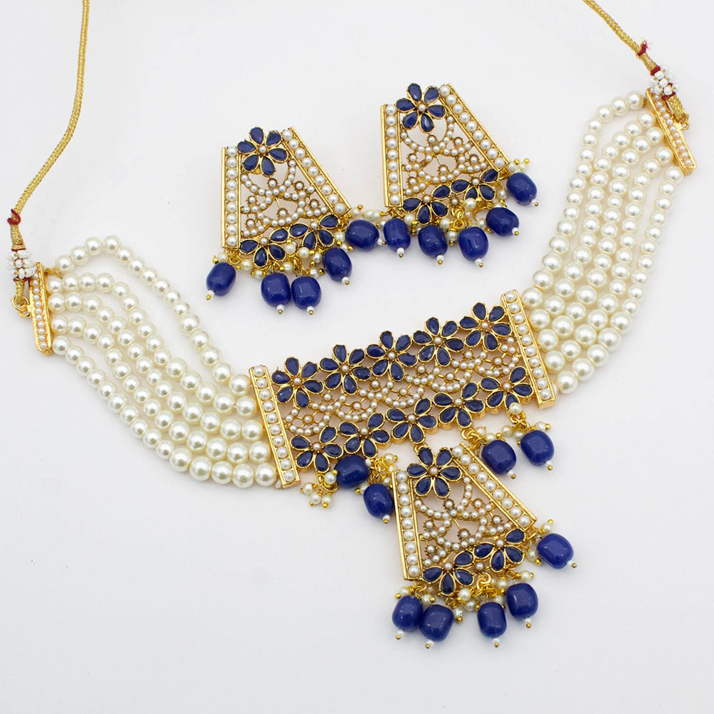 FS Collection Gold Plated Crystal Stone And Pearl Choker Necklace Set