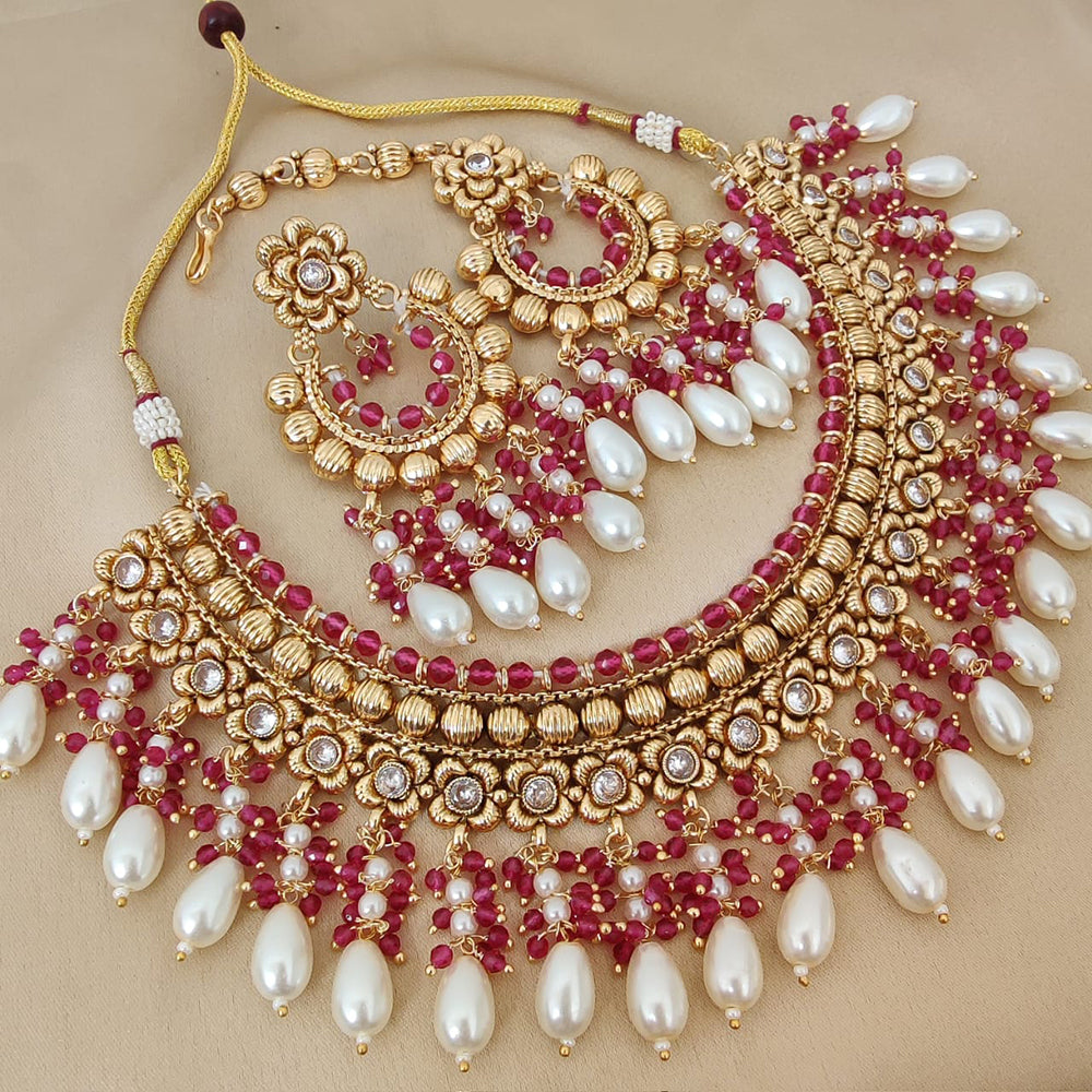 FS Collection Gold Plated Austrian Stone And Pearls Necklace Set