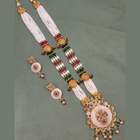 FS Collection Gold Plated Kundan Stone And Pearls Long Necklace Set