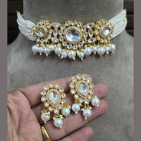 FS Collection Gold Plated Kundan And Pearls Choker Necklace Set