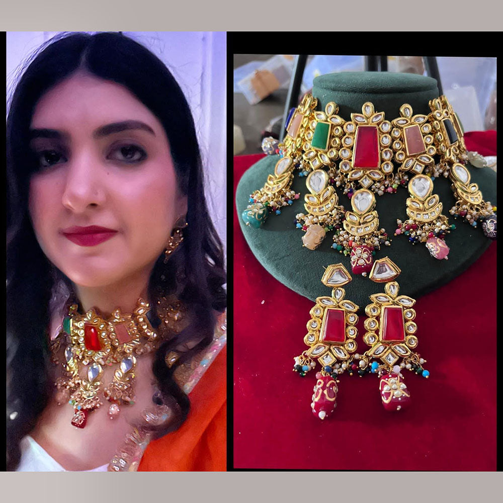 FS Collection Gold Plated Kundan And Pearls Choker Necklace Set