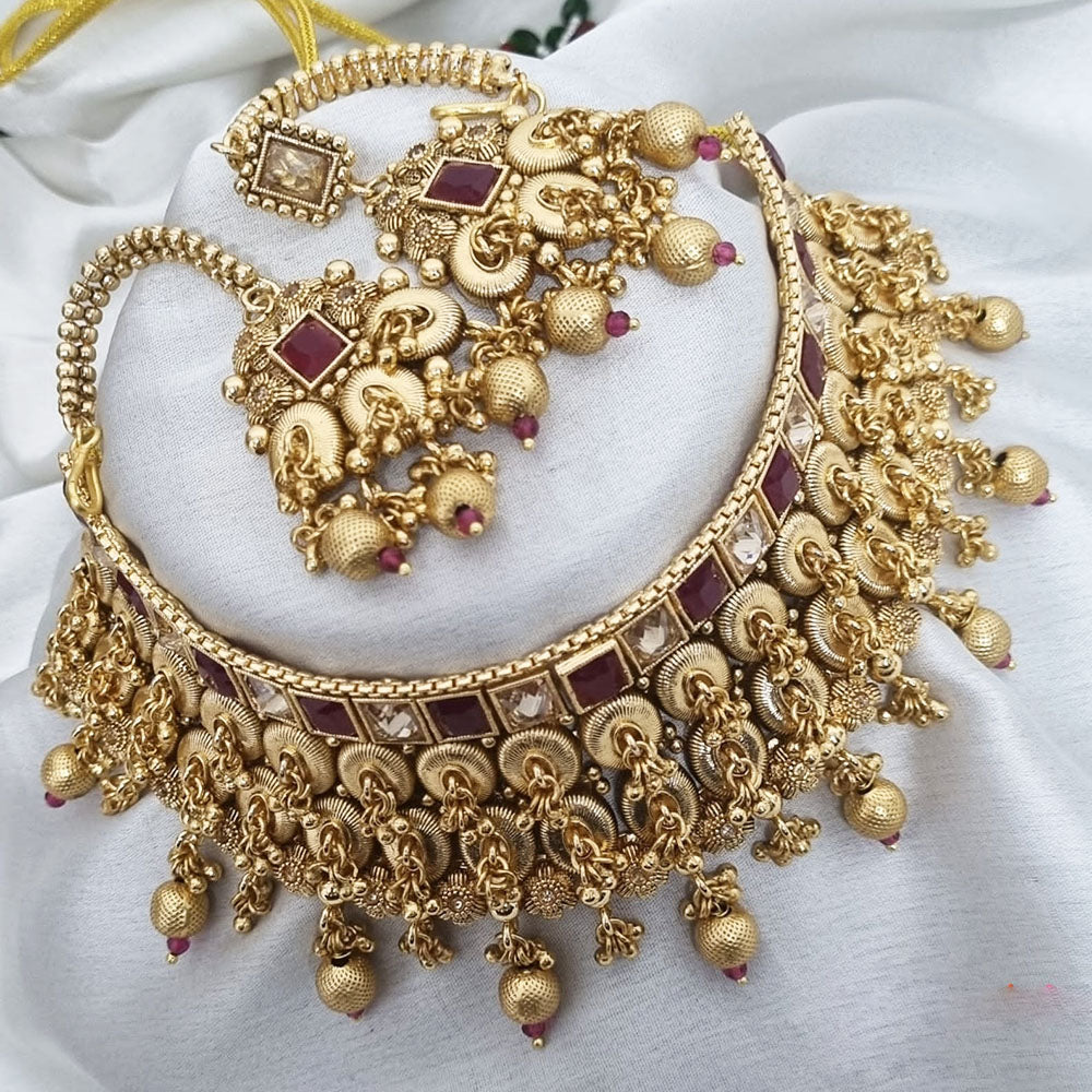 FS Collection Gold Plated Pota Stone And Pearls Choker Necklace Set