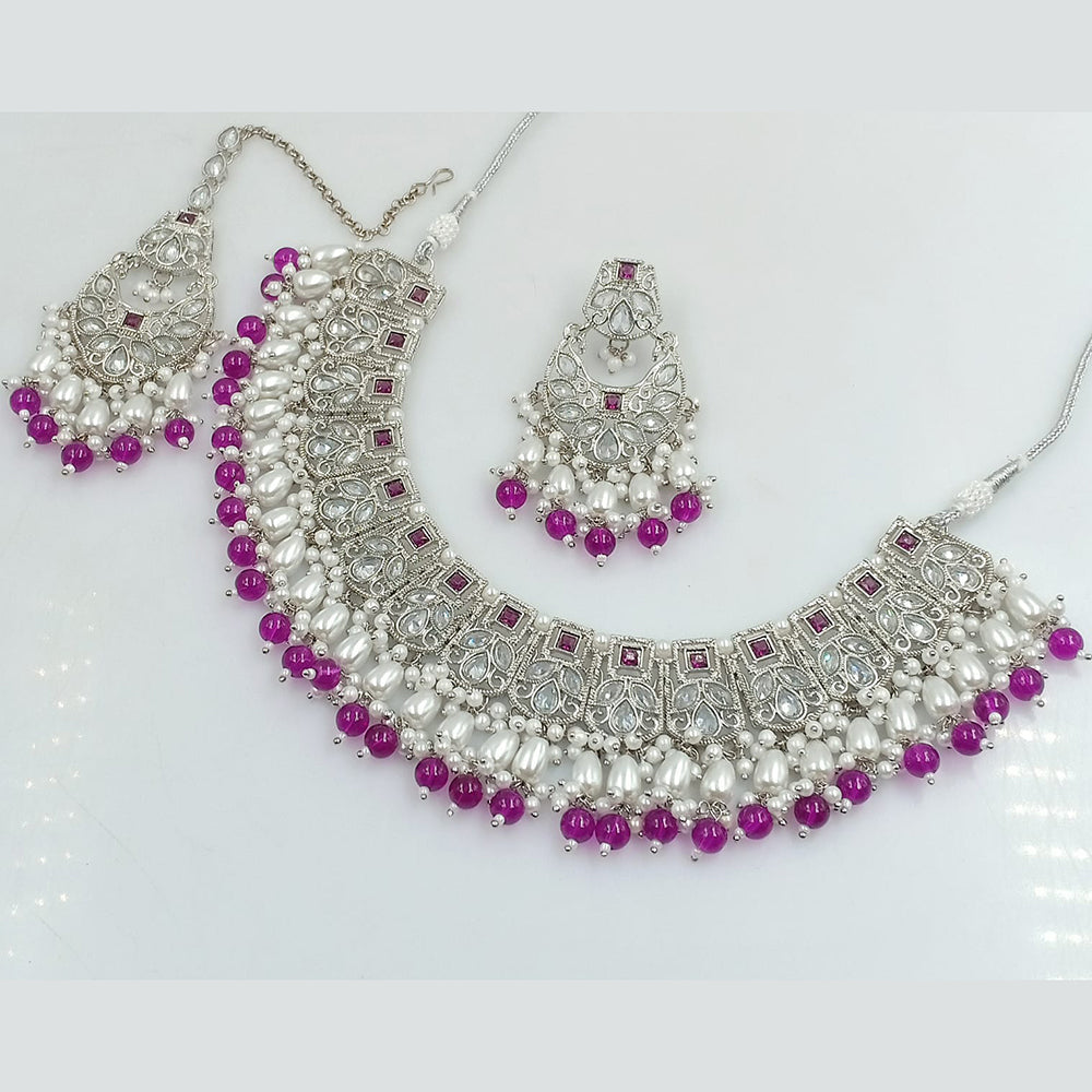 FS Collection Silver Plated Crystal Stone And pearls Necklace Set