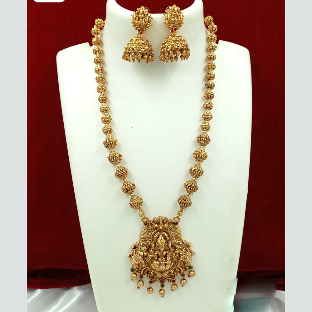 FS Collection Gold Plated Pota Stone Temple Long Necklace Set