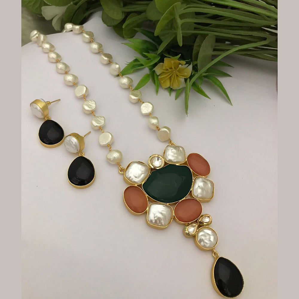 FS Collection Gold Plated Mother Of Pearls Long Necklace Set