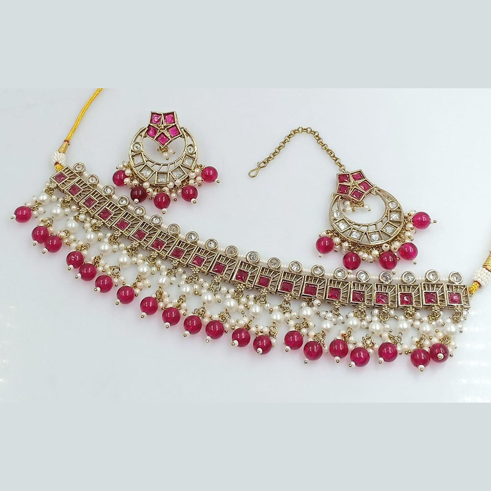 FS Collection Gold Plated Crystal Stone And Pearl Choker Necklace Set