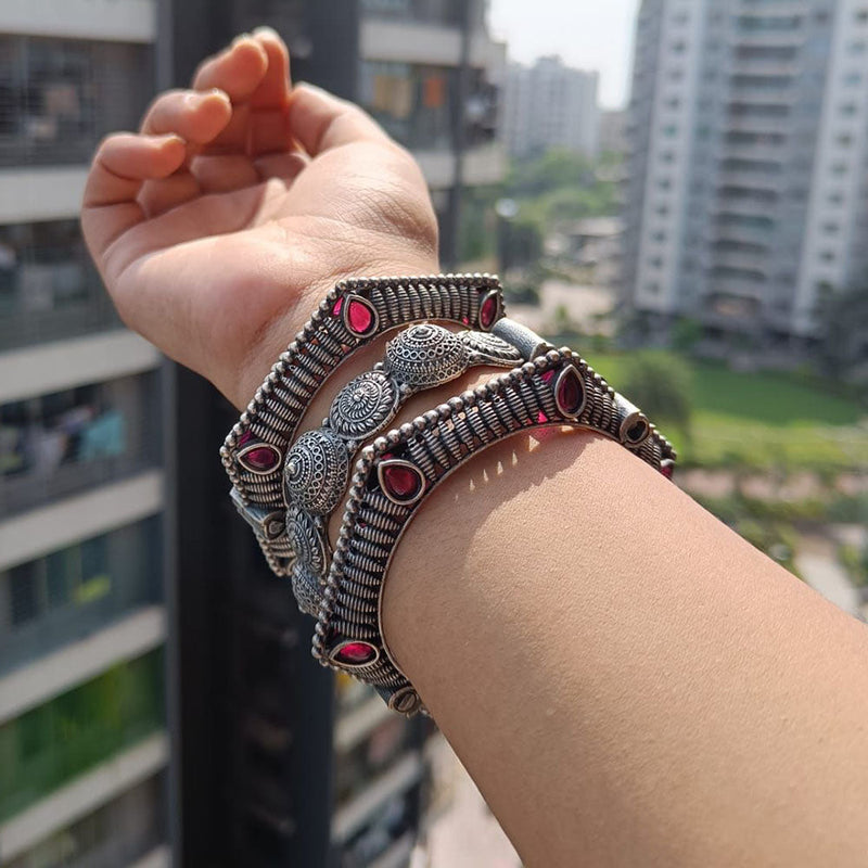 FS Collection Oxidised Plated Crystal Stone Bangles Set