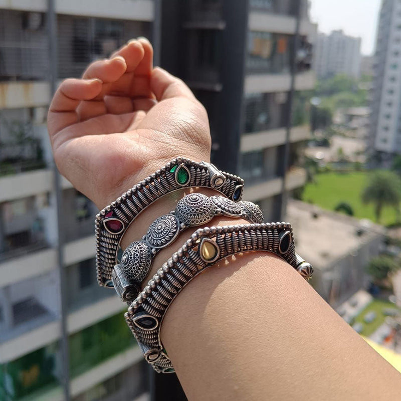 FS Collection Oxidised Plated Crystal Stone Bangles Set