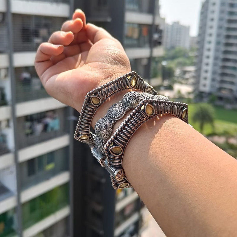 FS Collection Oxidised Plated Crystal Stone Bangles Set