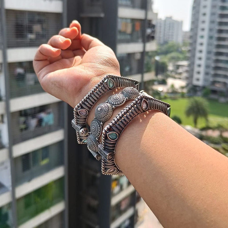 FS Collection Oxidised Plated Crystal Stone Bangles Set