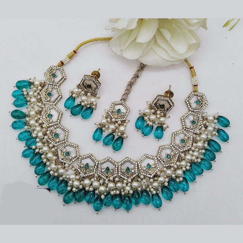 FS Collection Gold Plated Kundan Stone And Pearls Necklace Set