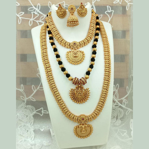 Fs Collection Gold Plated Pota Stone Temple Long Necklace Combo Set