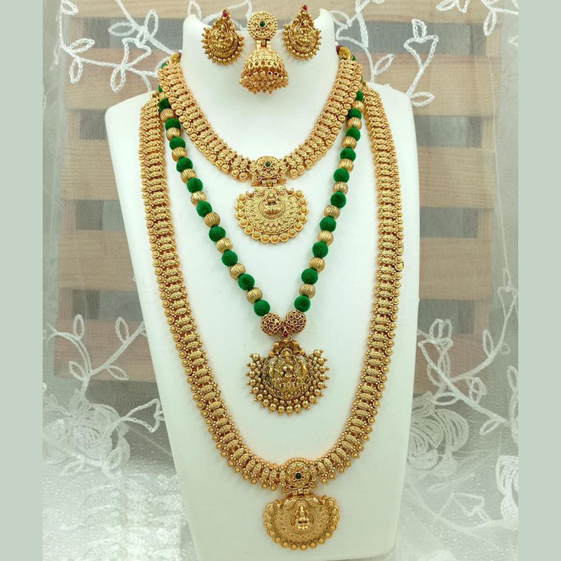 Fs Collection Gold Plated Pota Stone Temple Long Necklace Combo Set