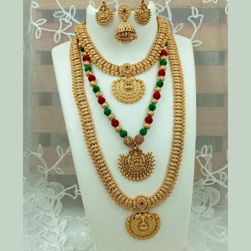 Fs Collection Gold Plated Pota Stone Temple Long Necklace Combo Set