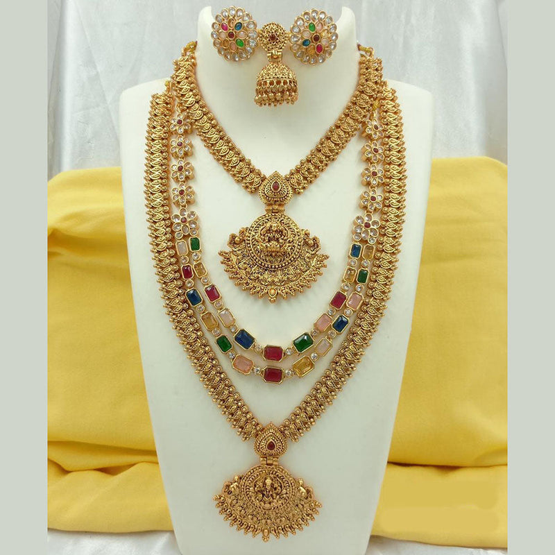 Fs Collection Gold Plated Crystal Stone Temple Long Necklace Combo Set