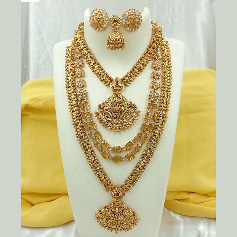 Fs Collection Gold Plated Crystal Stone Temple Long Necklace Combo Set