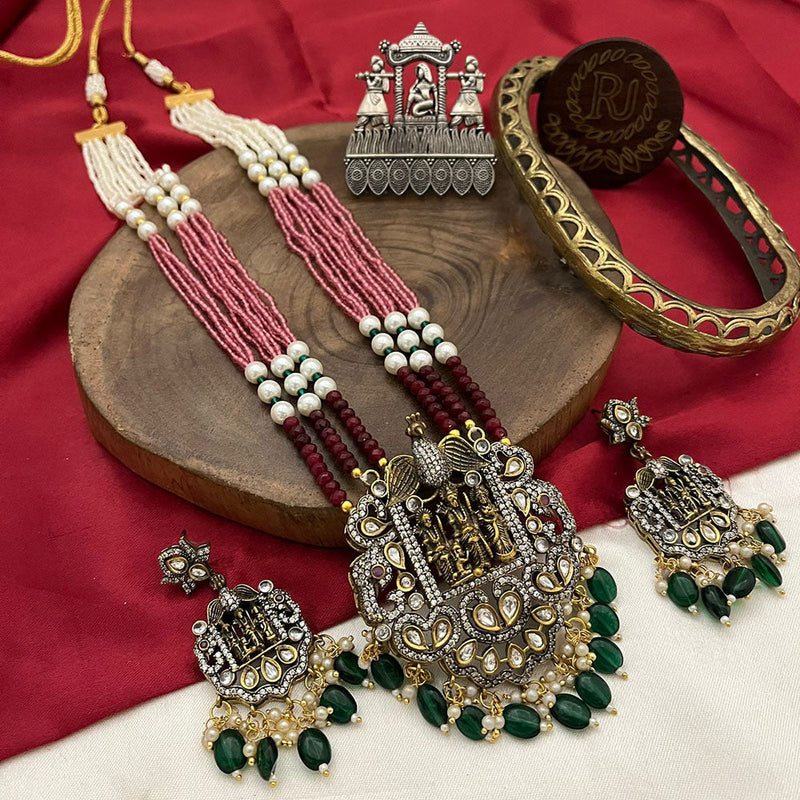 Fs Collection 2 Tone Plated Polki Kundan Stone And Pearls Temple Long Necklace Set