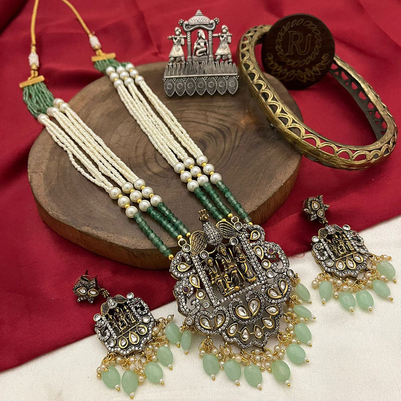 Fs Collection 2 Tone Plated Polki Kundan Stone And Pearls Temple Long Necklace Set