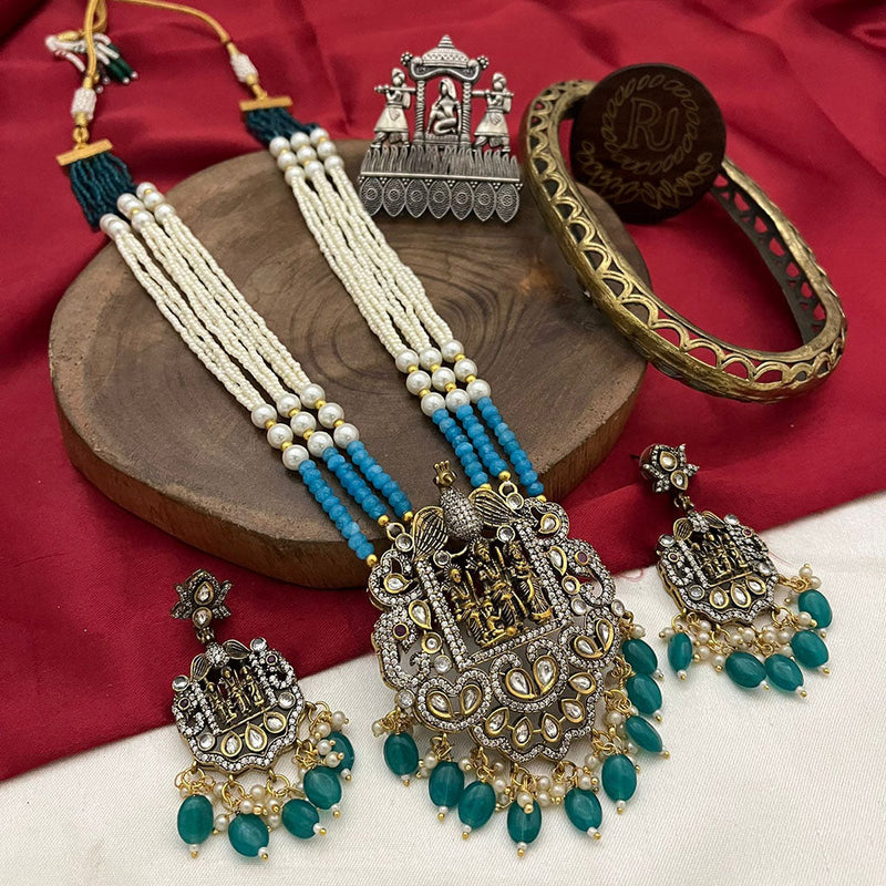 Fs Collection 2 Tone Plated Polki Kundan Stone And Pearls Temple Long Necklace Set