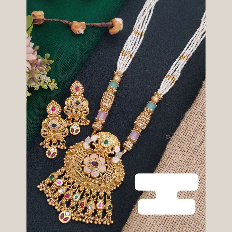 FS Collection Gold Plated Pota Stone And Pearl Long Necklace Set