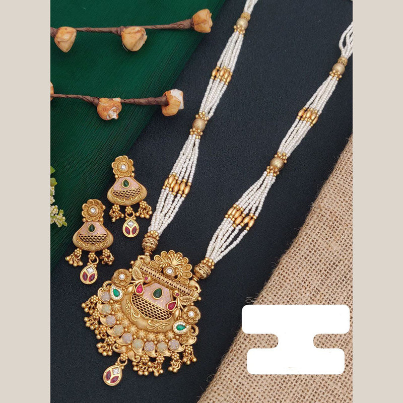 FS Collection Gold Plated Pota Stone And Pearl Long Necklace Set