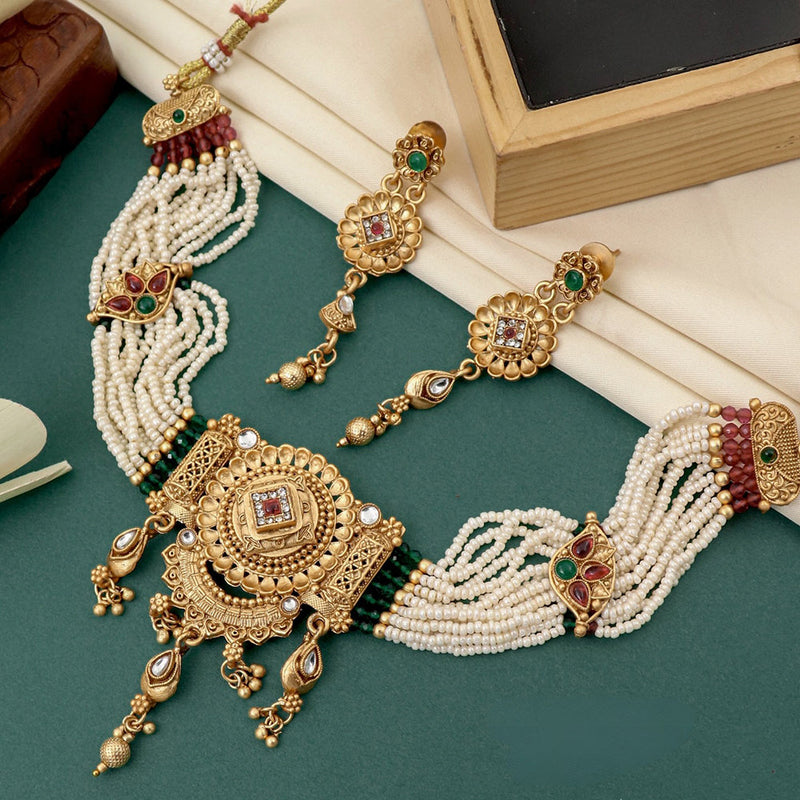 FS Collection Gold Plated Kundan Stone And Pearl Necklace Set