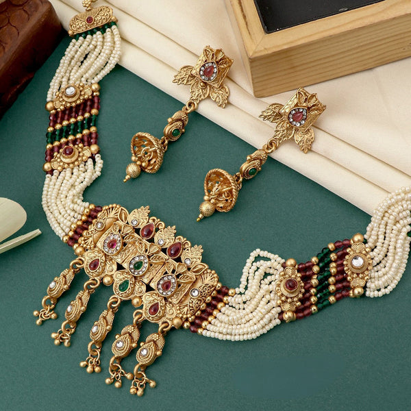 FS Collection Gold Plated Kundan Stone And Pearl Necklace Set