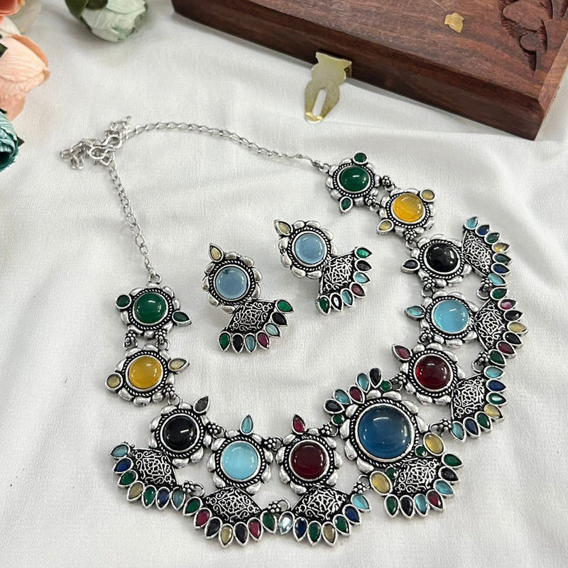 FS Collection Oxidised Plated Pota Stone Necklace Set