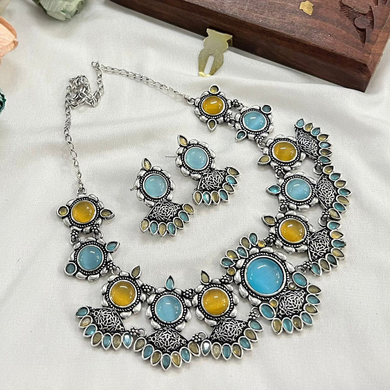 FS Collection Oxidised Plated Pota Stone Necklace Set