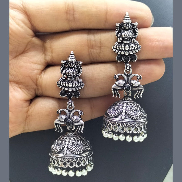 FS Collection Oxidised Plated Pota Stone Temple Dangler Earrings