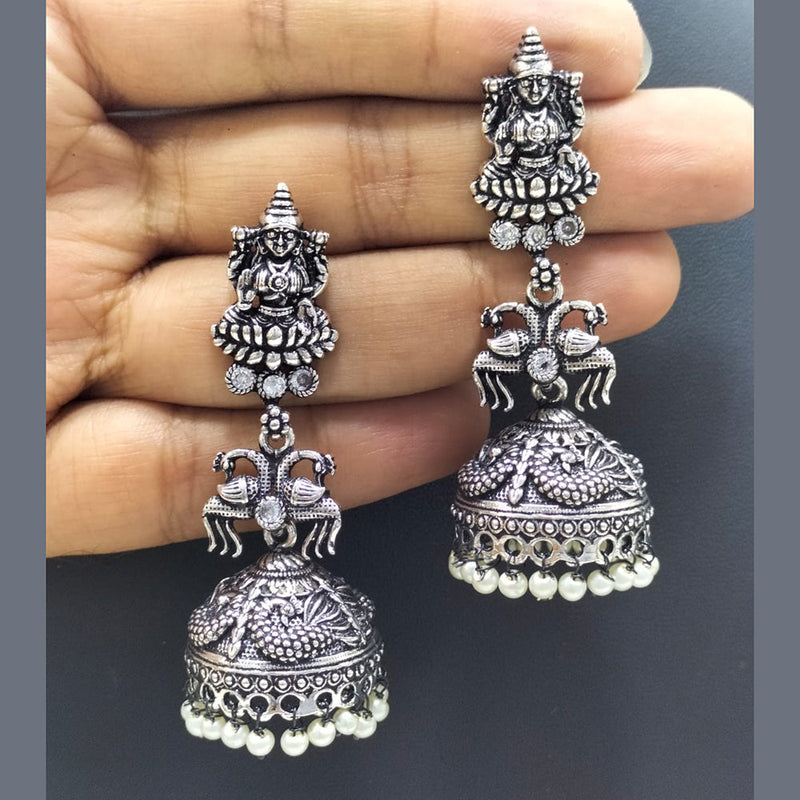 FS Collection Oxidised Plated Pota Stone Temple Dangler Earrings