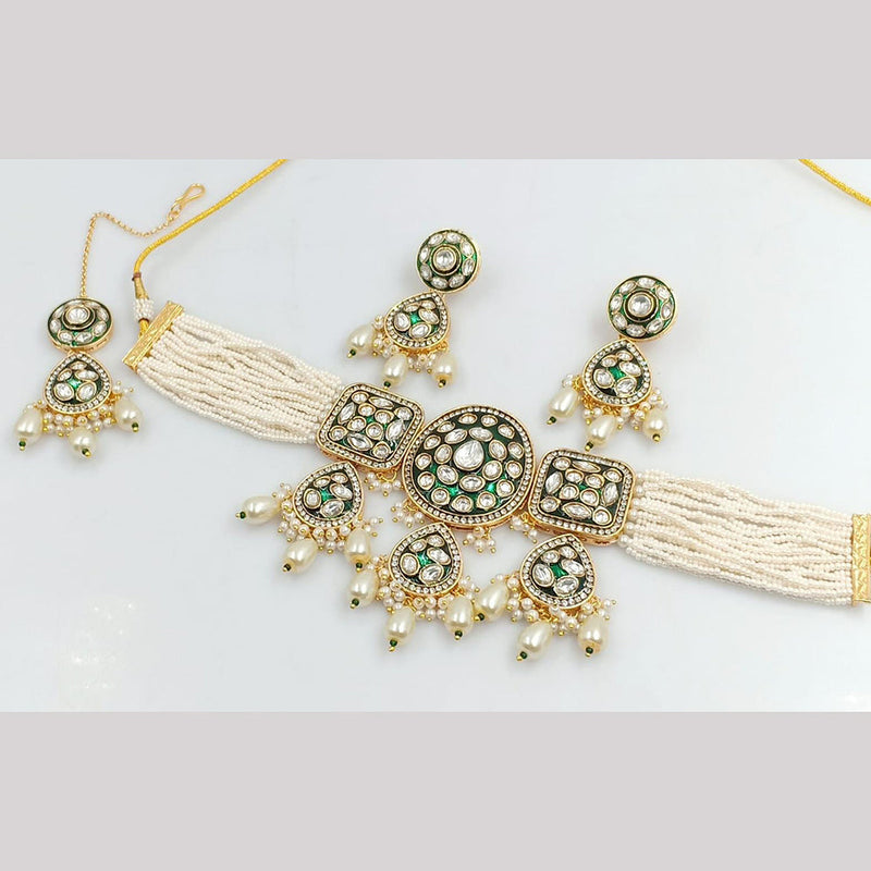 FS Collection Gold Plated Polki Kundan Stone And Pearls Choker Necklace Set