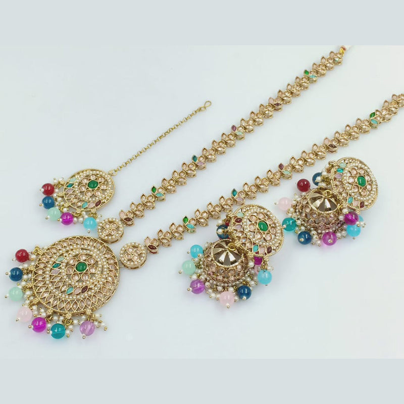 FS Collection Gold Plated Crystal Stone And Pearls Long Necklace Set