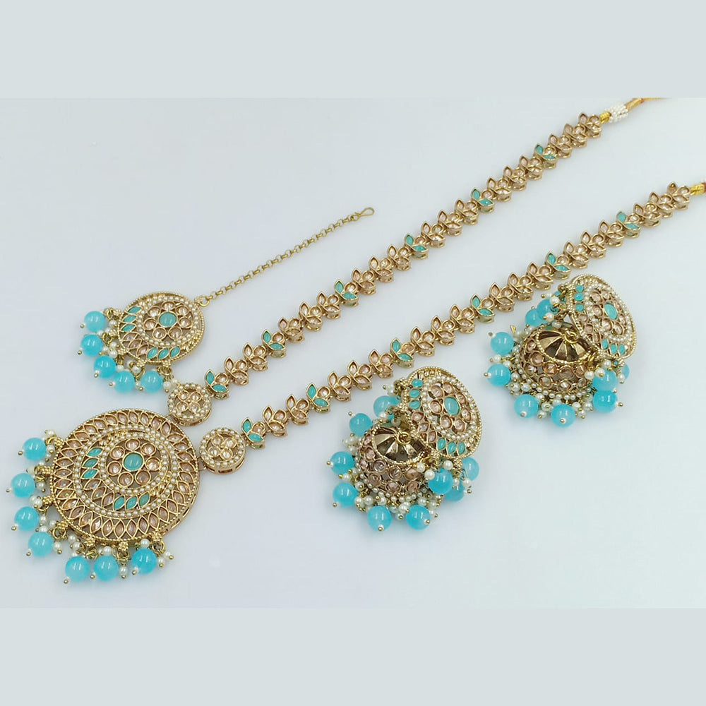FS Collection Gold Plated Crystal Stone And Pearls Long Necklace Set