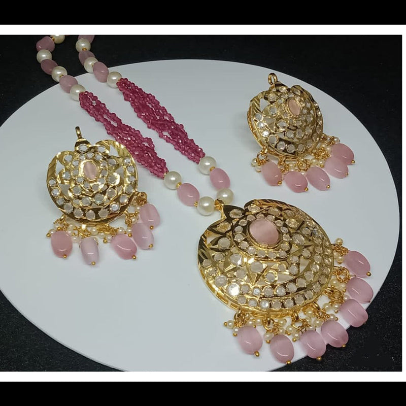 FS Collection Gold Plated Austrian Stone And Pearls Long Necklace Set