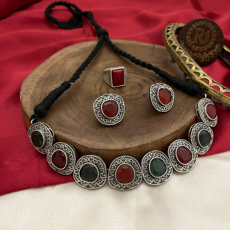 FS Collection Oxidised Plated Pota Stone Necklace Set