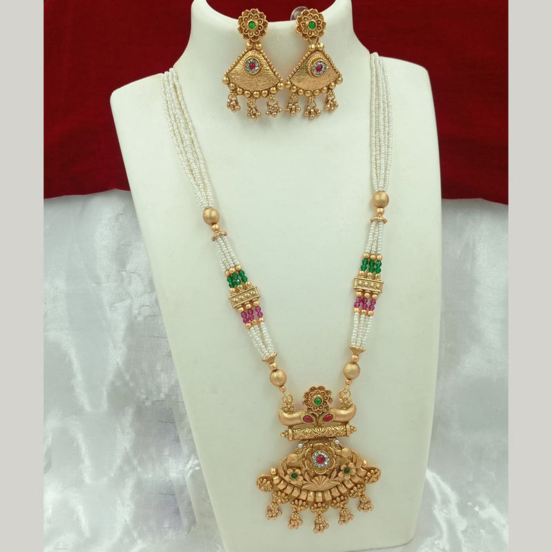 FS Collection Gold Plated Pota Stone And Pearl Long Necklace Set