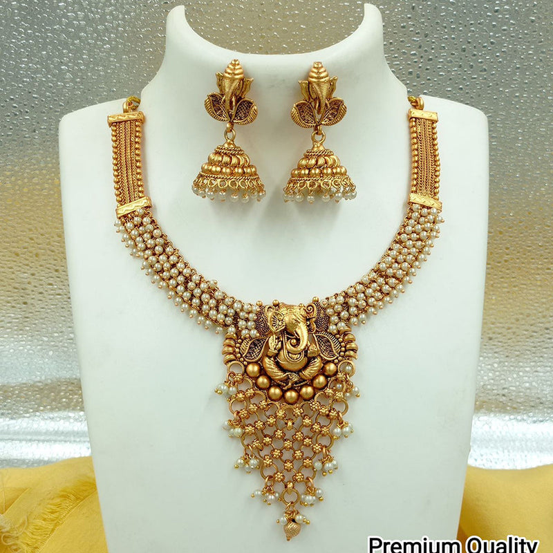 FS Collection Gold Plated Pearls Lord Ganesha Necklace Set