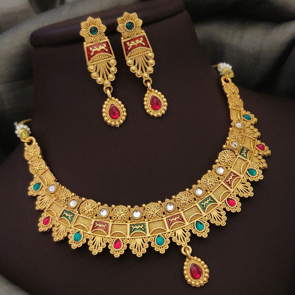 FS Collection Gold Plated Pota Stone And Meenakari Necklace Set