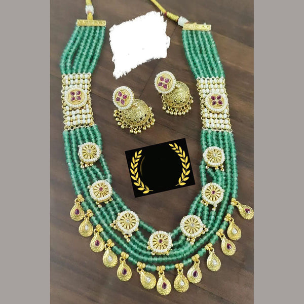 FS Collection Gold Plated Pota Stone And Pearls Long Necklace Set