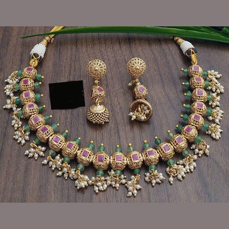 FS Collection Gold Plated Pota Stone And Pearls Necklace Set