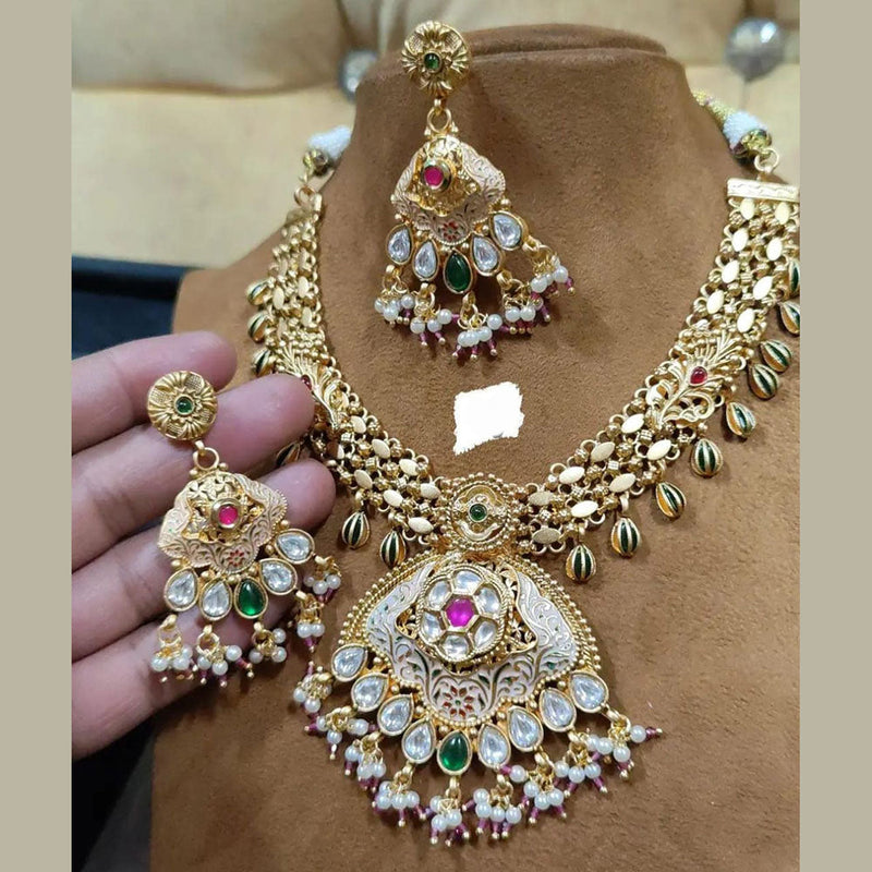 FS Collection Gold Plated Polki Kundan Stone And Meenakari Pearls Necklace Set