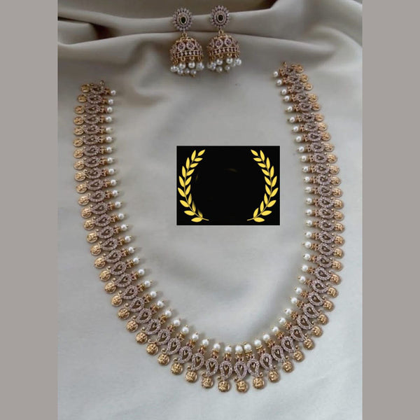 FS Collection Gold Plated Austrian Stone And Pearls Long Necklace Set