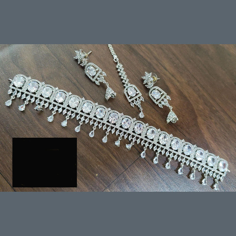 FS Collection Silver Plated AD Choker Necklace Set