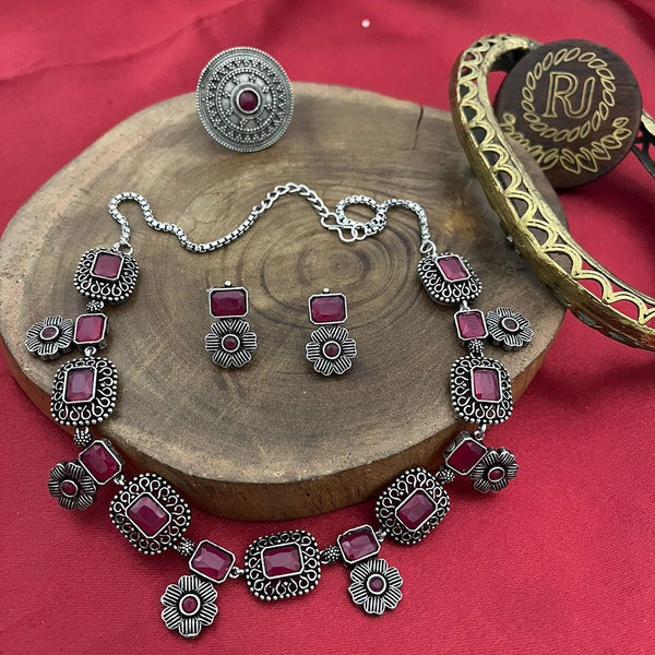 FS Collection Oxidised Plated Pota Stone Necklace Set