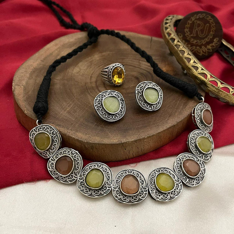 FS Collection Oxidised Plated Pota Stone Necklace Set