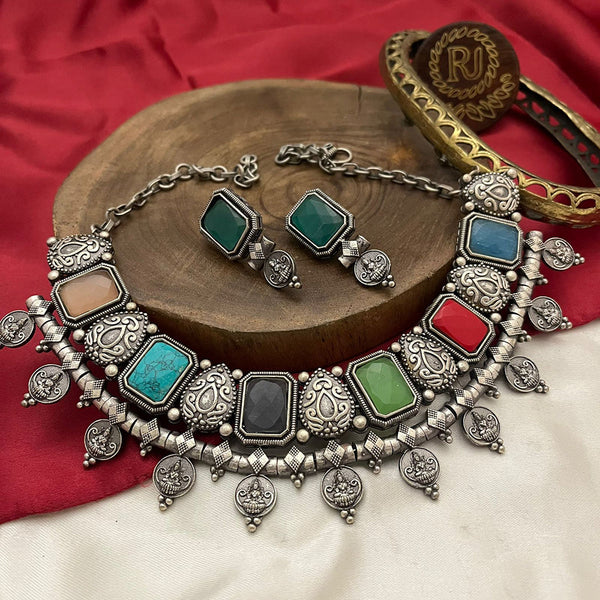 FS Collection Oxidised Plated Crystal Stone Temple Necklace Set